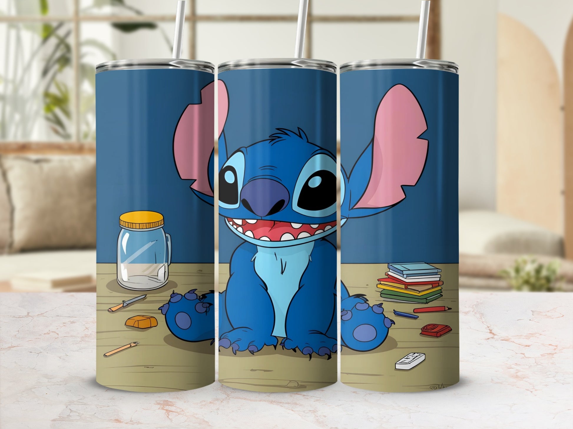 Blue Stitch character sitting on a wooden surface with books and a jar.