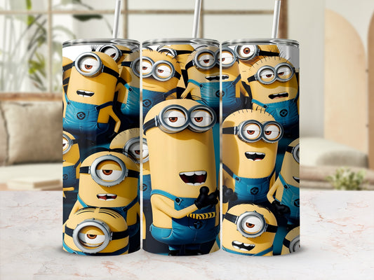 Minions in denim overalls with goggles cover a tumbler with straws.