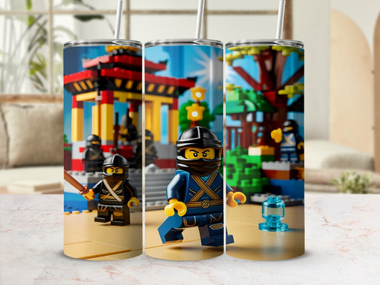 Three Lego ninja figures with swords and blue accessories on a marble surface.
