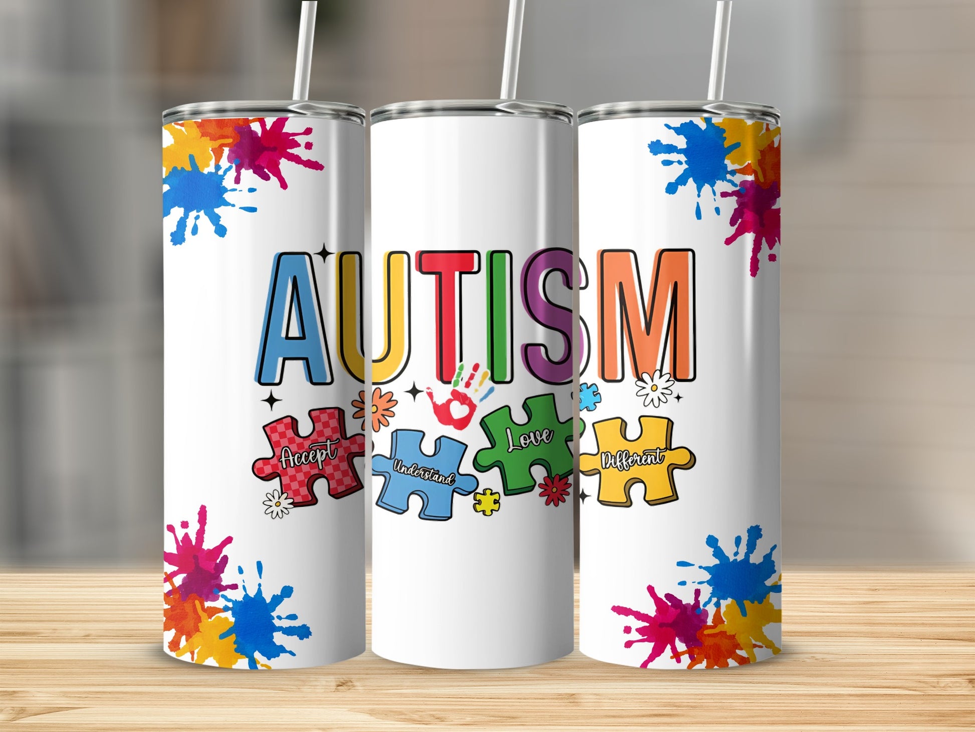 Colorful Autism Design Tumbler with Puzzle Pieces