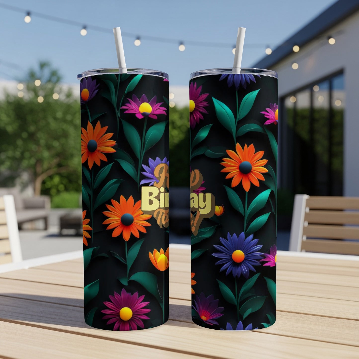 Two tumblers with colorful flowers and "Happy Birthday" text on black.