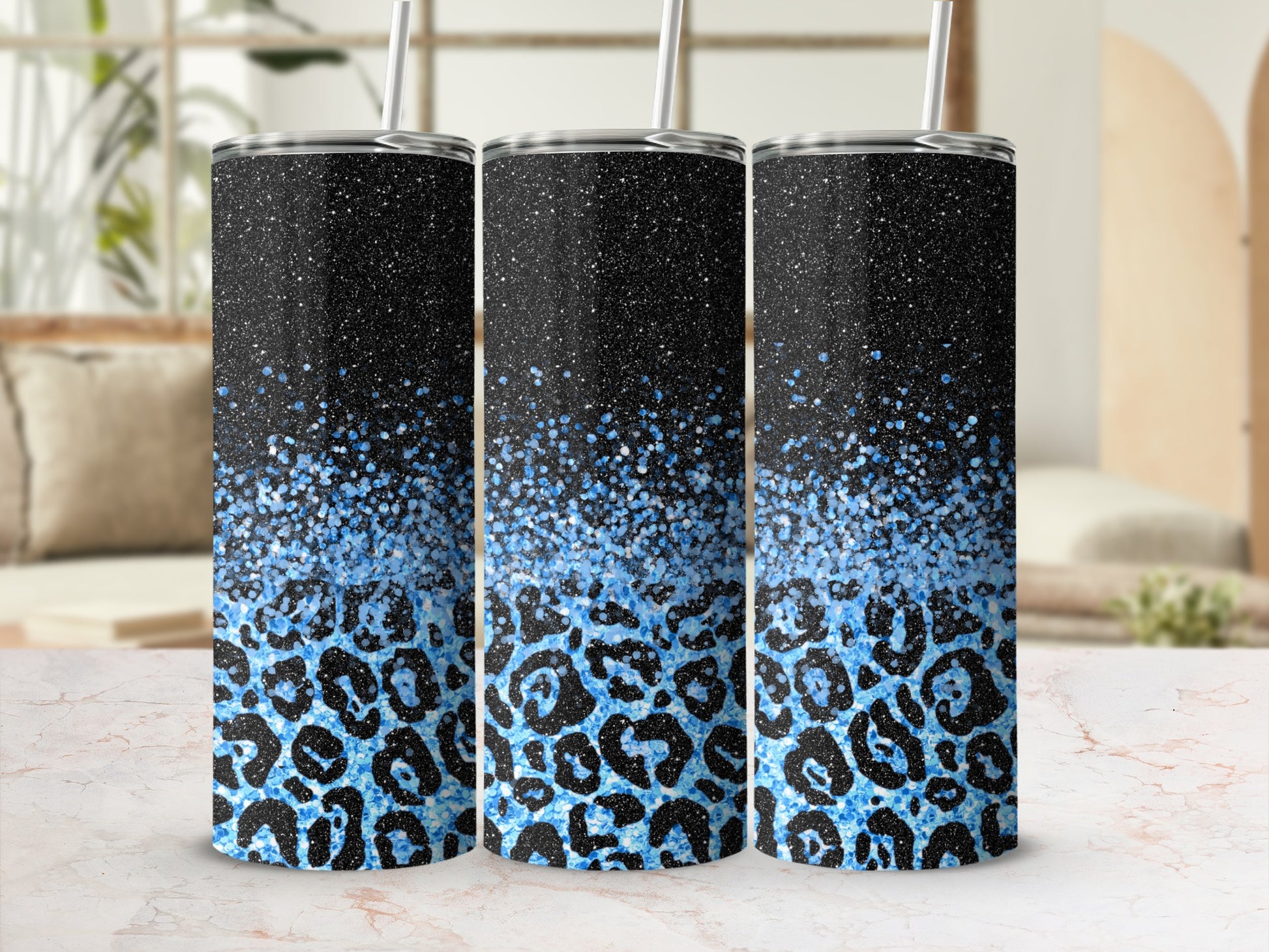 Blue Glitter Leopard Print Tumbler Cup for Stylish Hydration