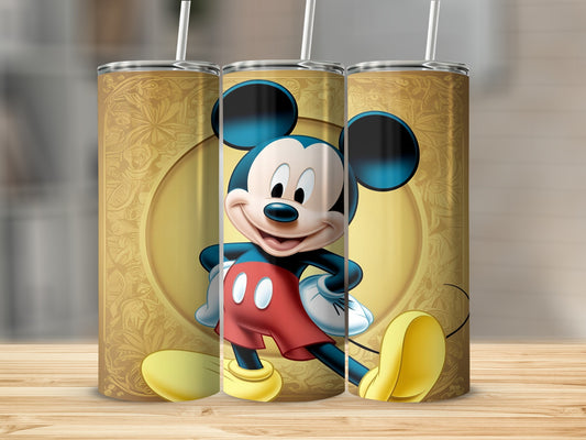 Mickey Mouse on a gold patterned tumbler with a straw.