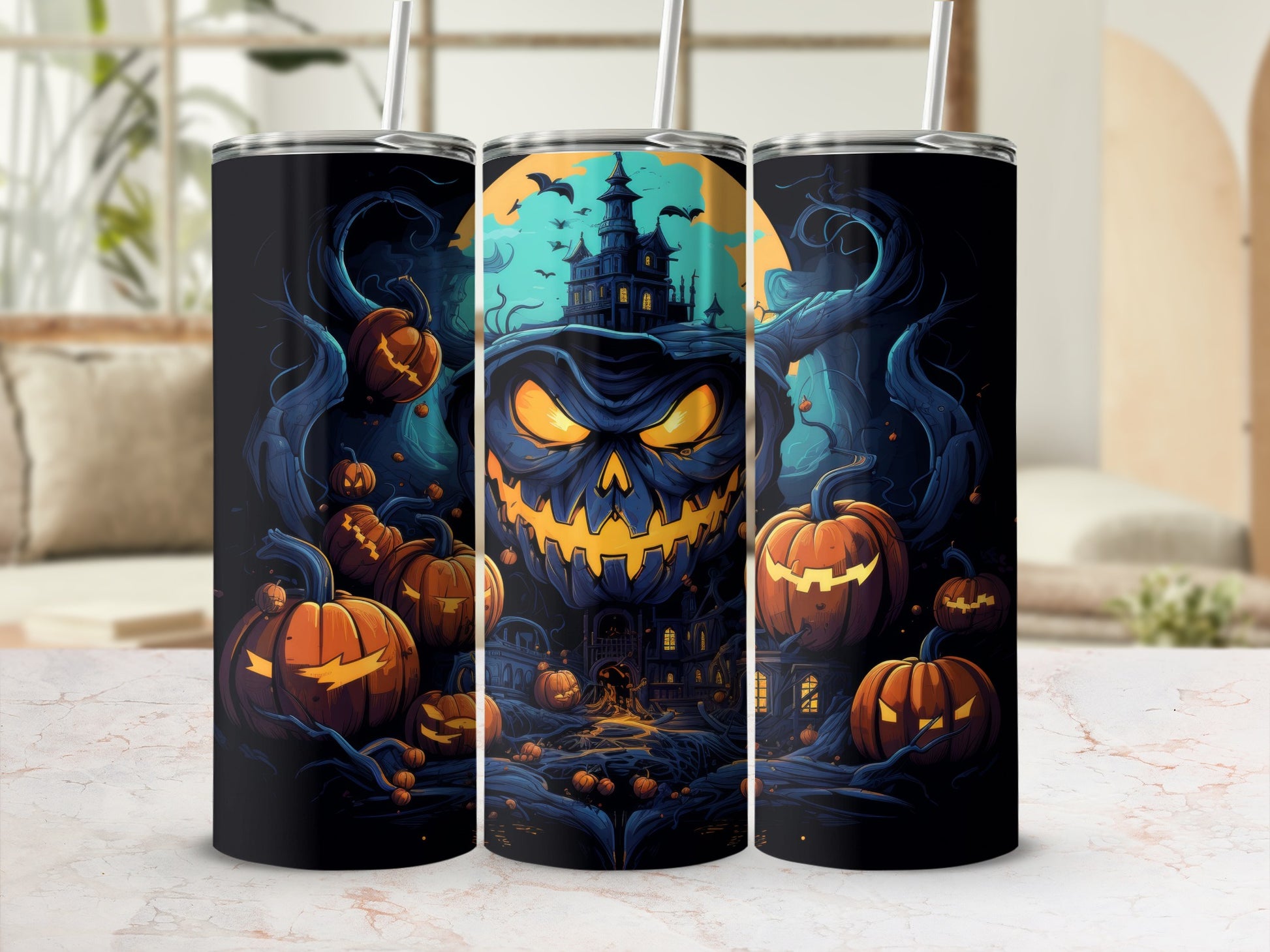 Halloween tumbler with jack-o'-lanterns, haunted house, and full moon.