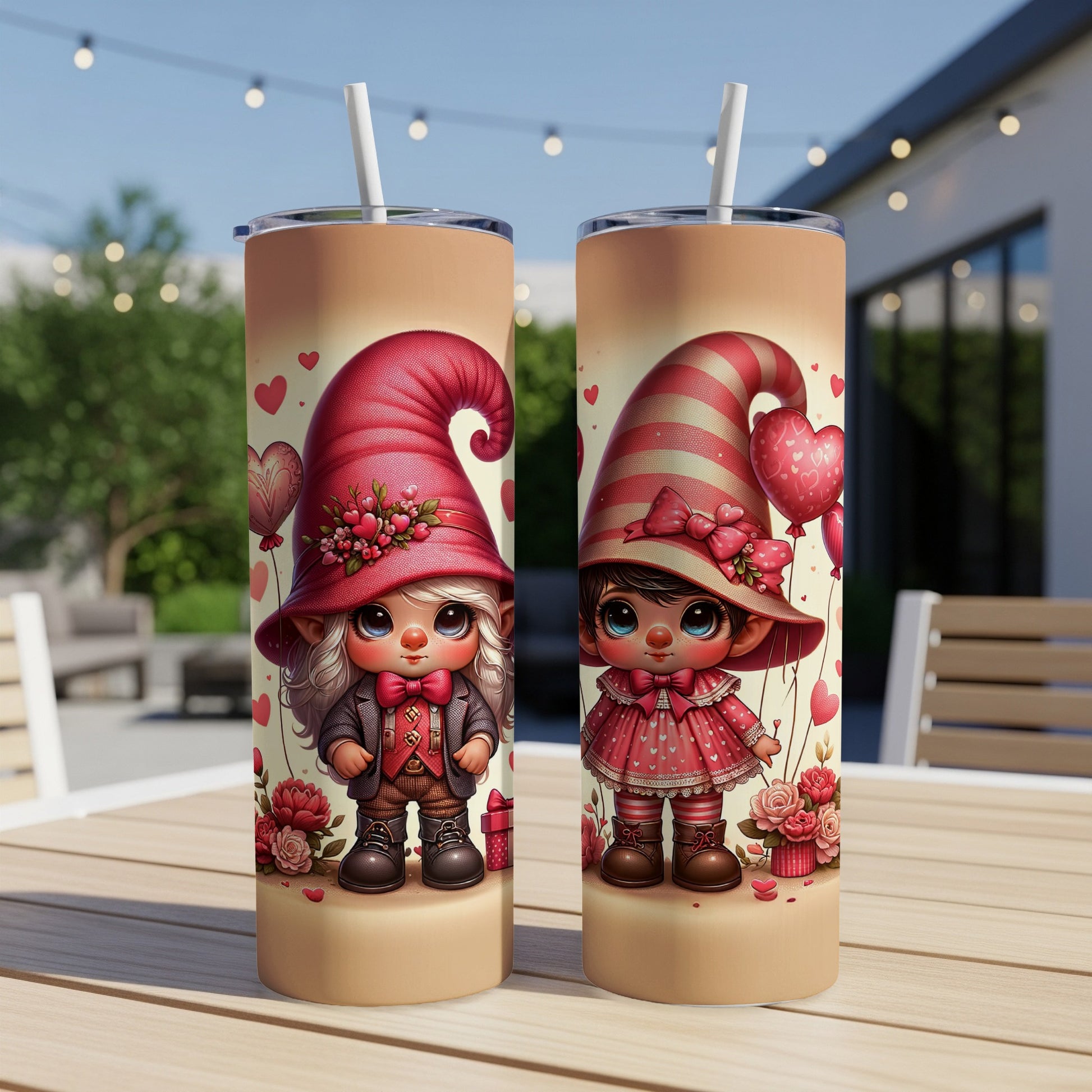 Two gnomes in festive hats on Valentine's Day themed tumblers.
