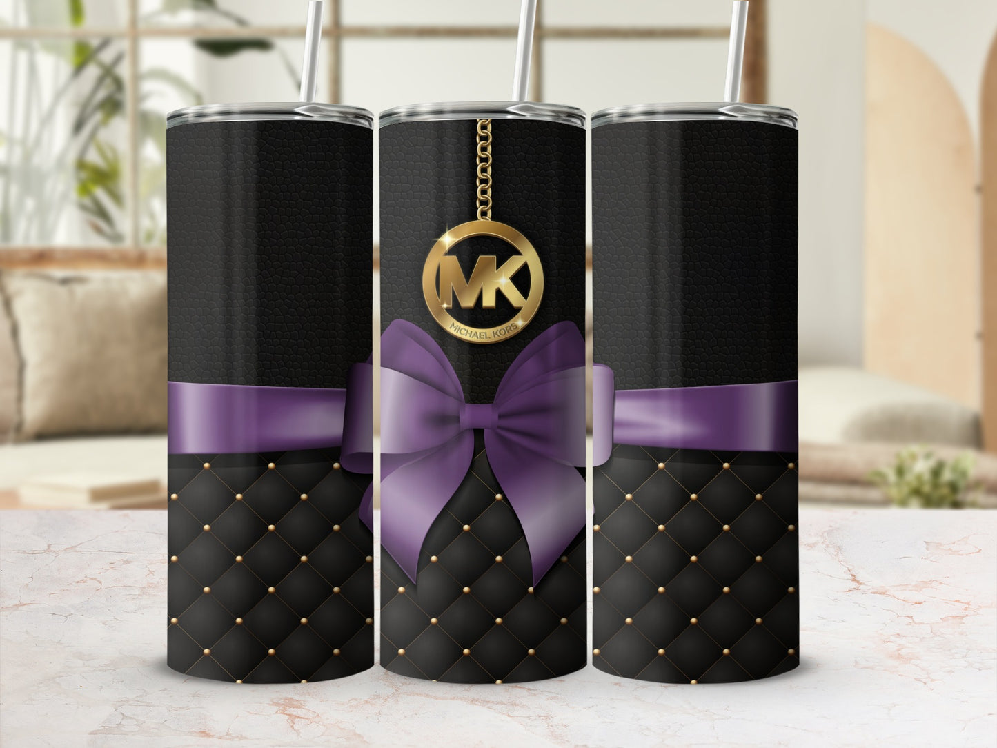 Black Tumbler with Purple Bow and Gold Stud Design