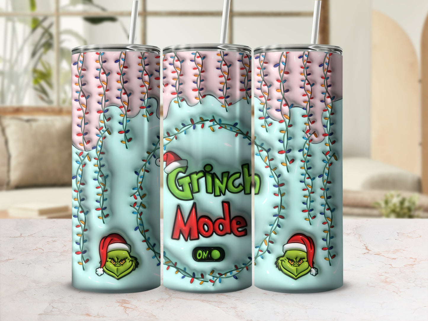 Grinch Mode On Holiday Tumbler Cup with Christmas Lights