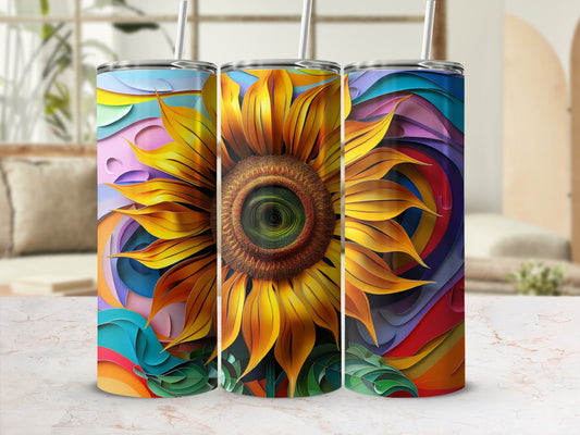 Sunflower tumbler with colorful abstract background.