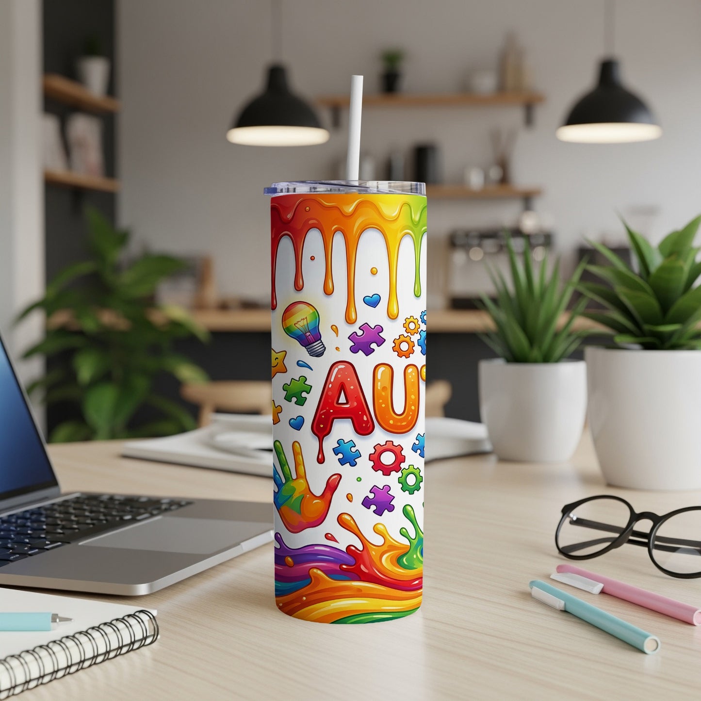 Rainbow paint splatter tumbler with autism awareness symbols and "AU".