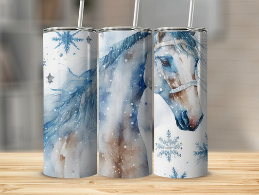 Watercolor horse with snowflakes and stars design on three tumblers.