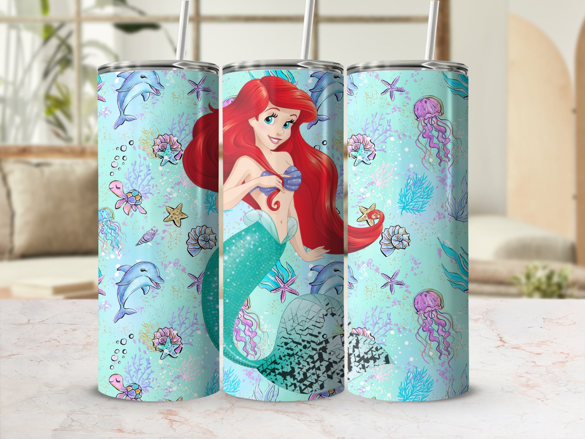 Mermaid and Sea Creatures Print Tumbler Cups