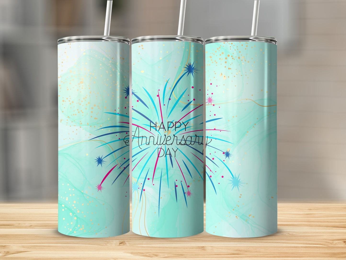 Anniversary tumbler with fireworks and gold glitter accents.