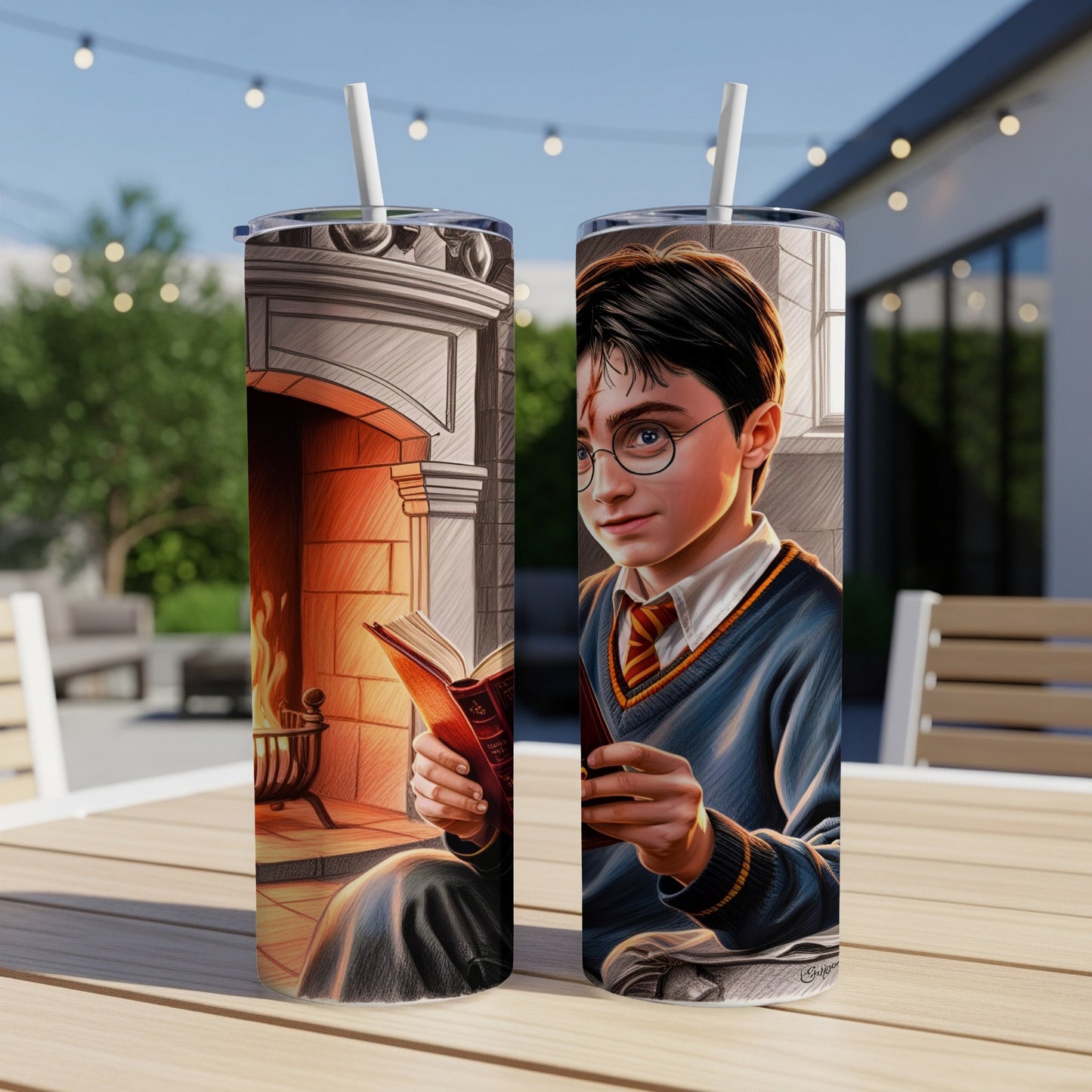 Harry Potter reading a book by a fireplace, on a tumbler.