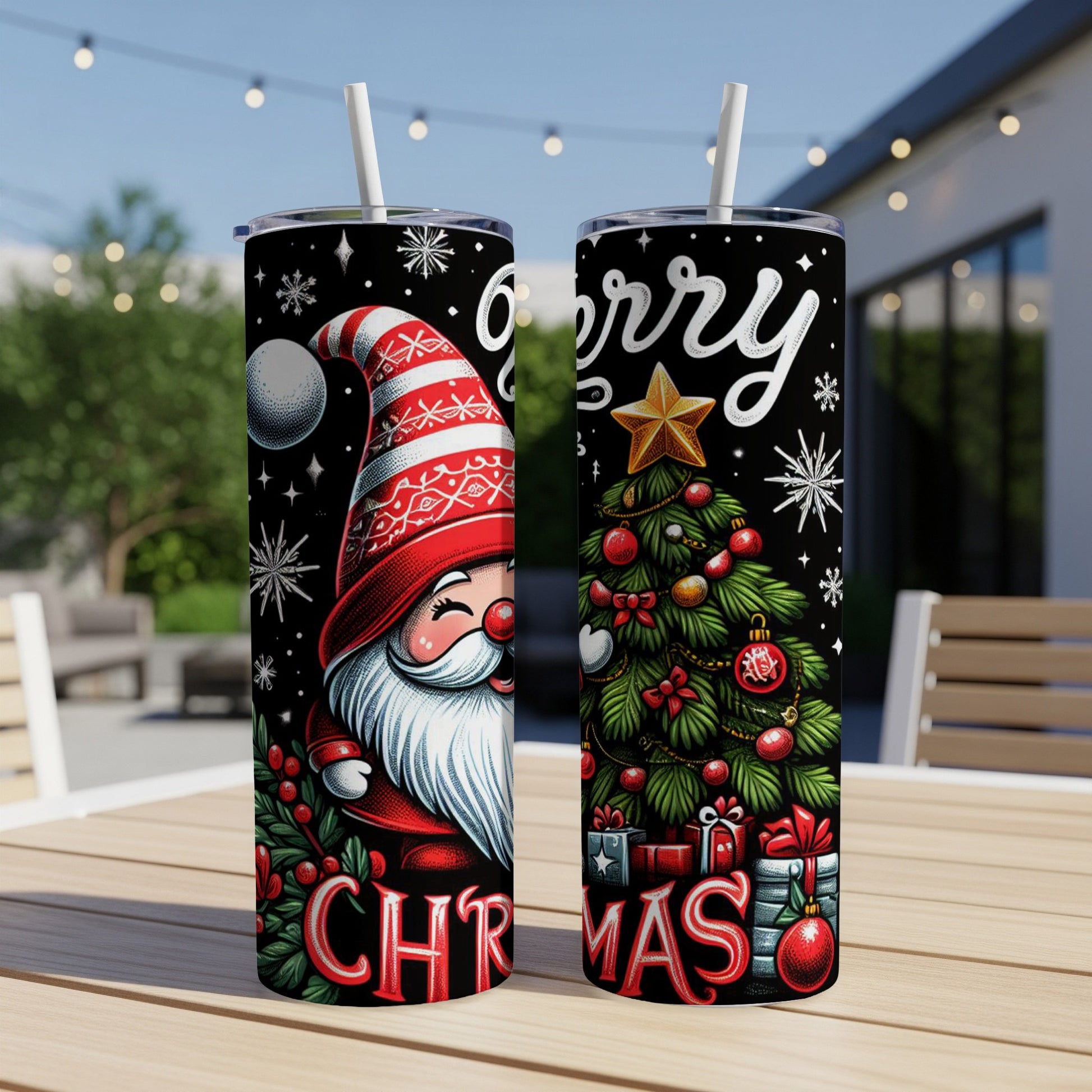 Santa Claus and Christmas tree designs on two tumblers.