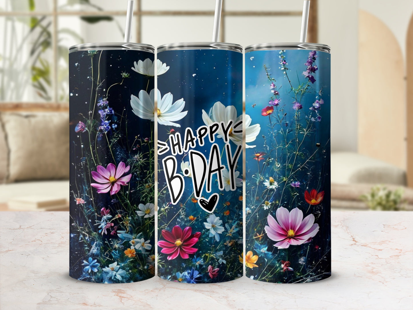 Three tumblers with dark floral backgrounds and "Happy B-Day" text.