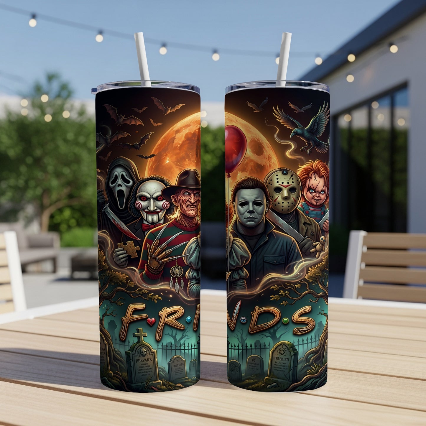 Two tumblers feature horror movie characters with the word "FRIENDS" in gothic lettering.