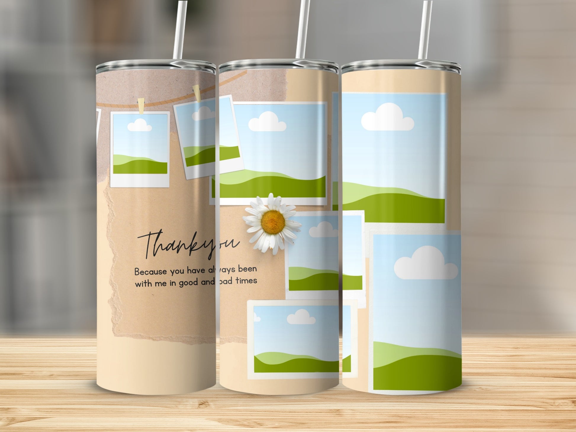 Tumblers with "Thank you Because you have always been with me in good and bad times" text and photo frames.