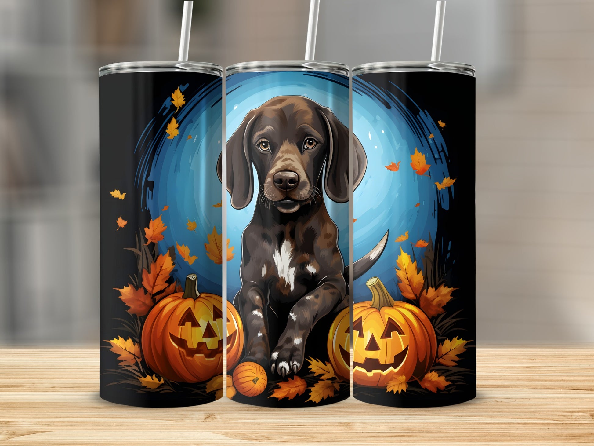 German Shorthaired Pointer with pumpkins and fall leaves on tumblers.