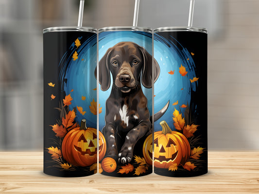 German Shorthaired Pointer with pumpkins and fall leaves on tumblers.