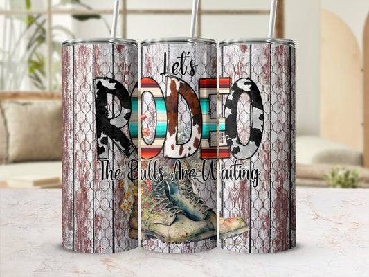 Cowboy boots and "RODEO" text on rustic wood and cowhide tumblers.