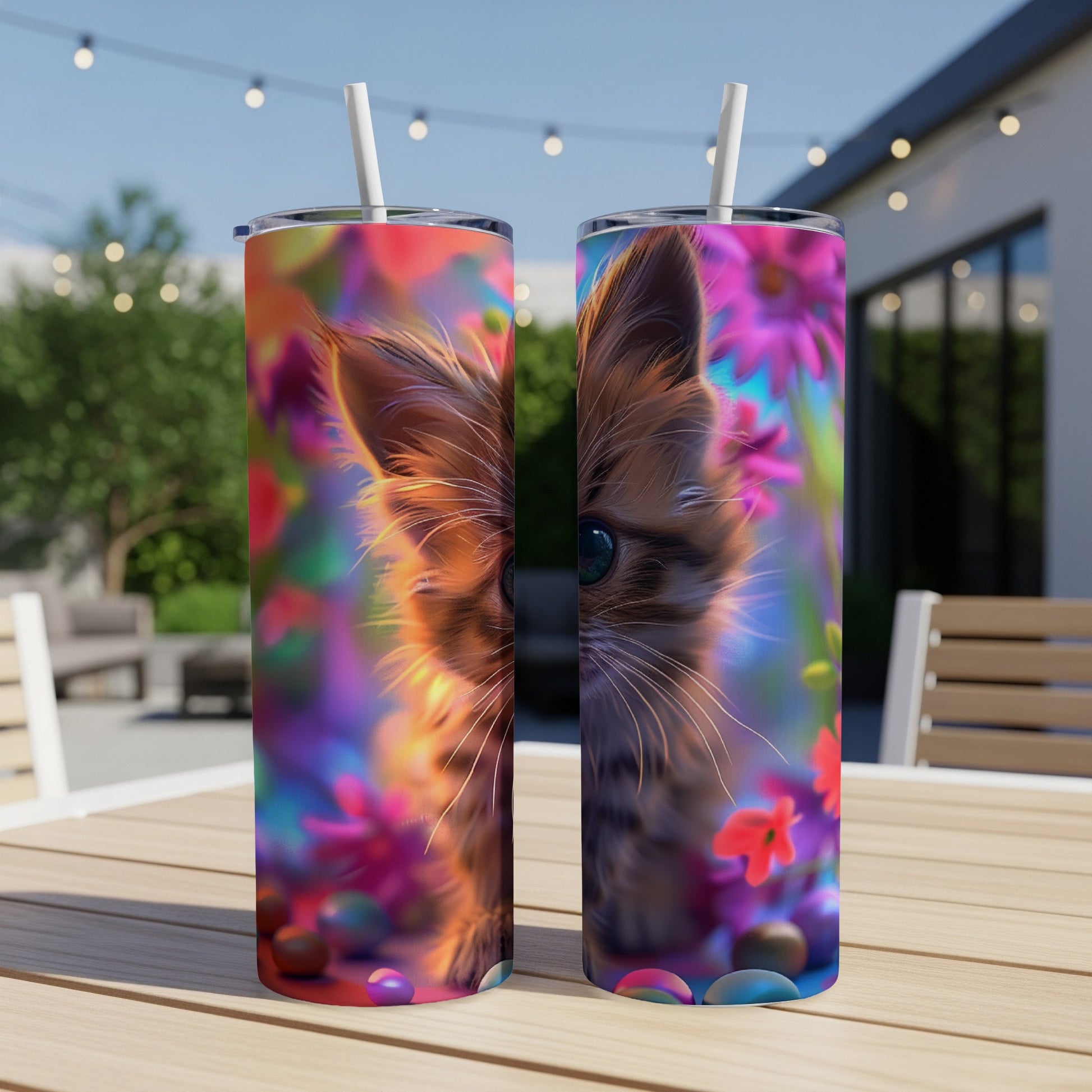 Two tumblers featuring a close-up of a kitten's face surrounded by colorful flowers.