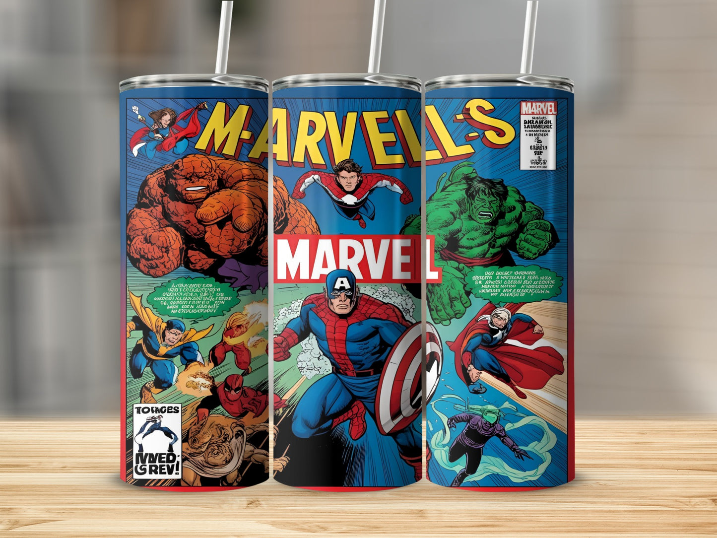 Marvel Comics characters including Captain America, Hulk, and Thing on a tumbler.