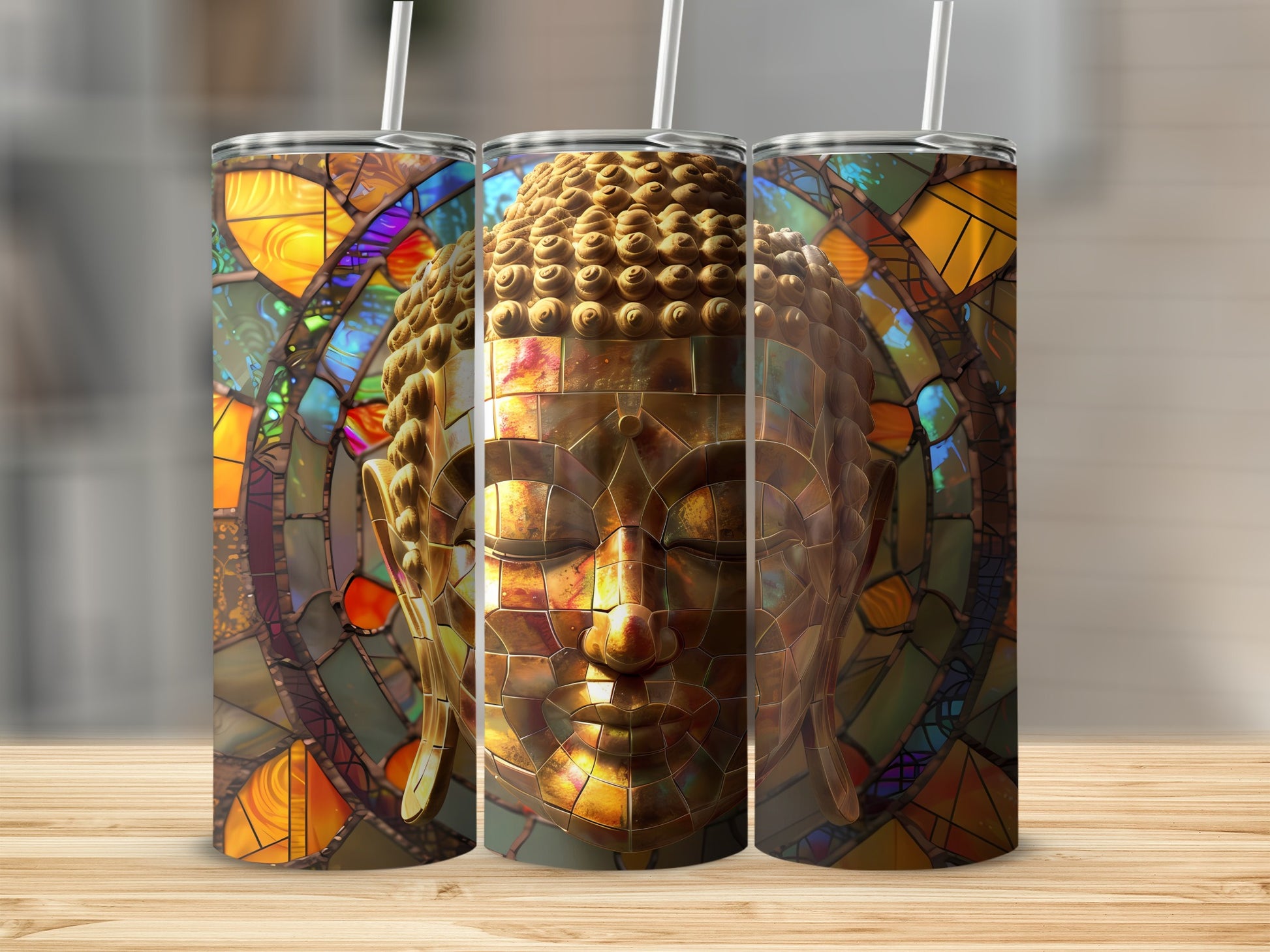 Buddha face tumbler with stained glass design.