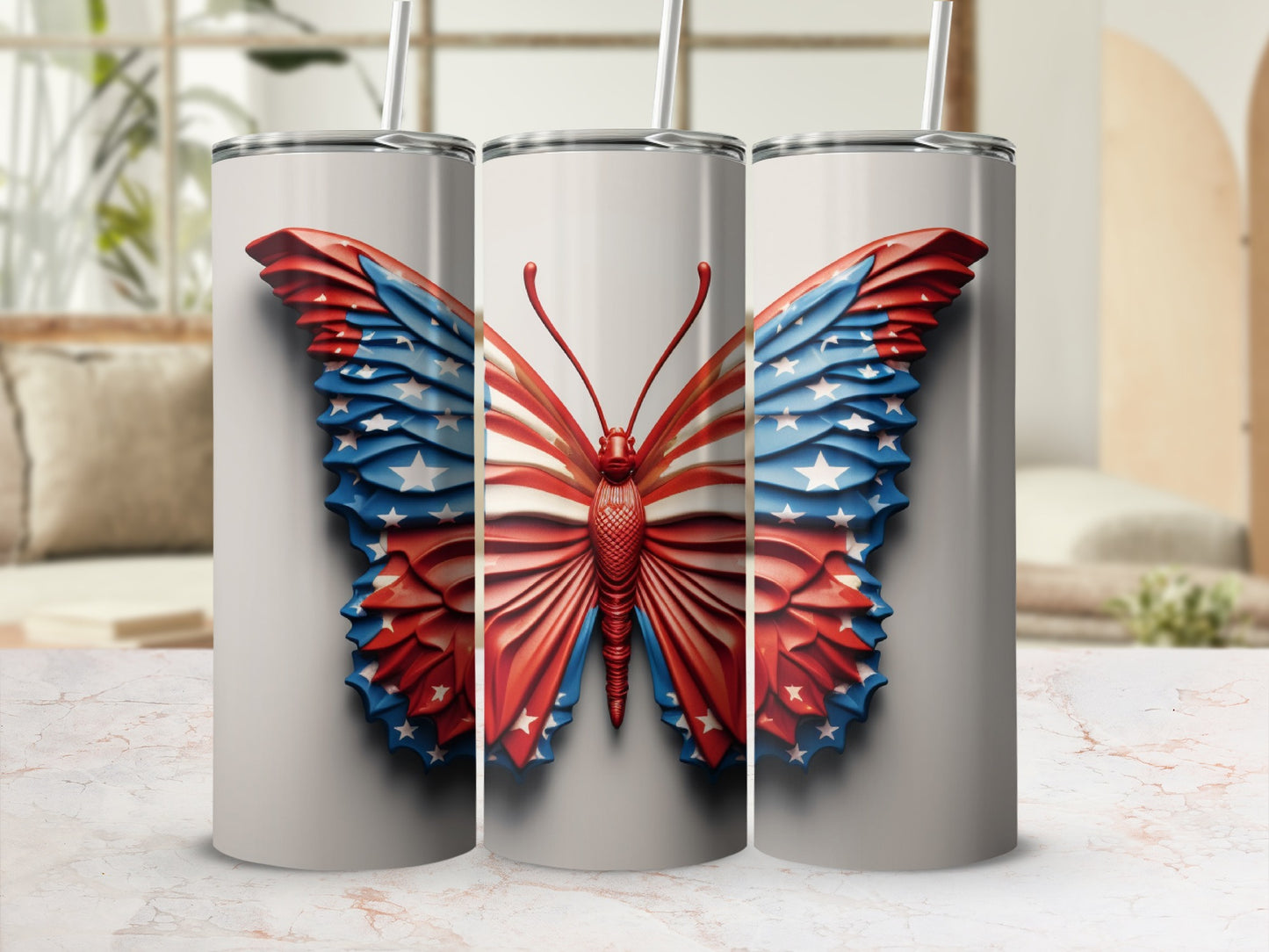 Three tumblers with a red, white, and blue butterfly design.