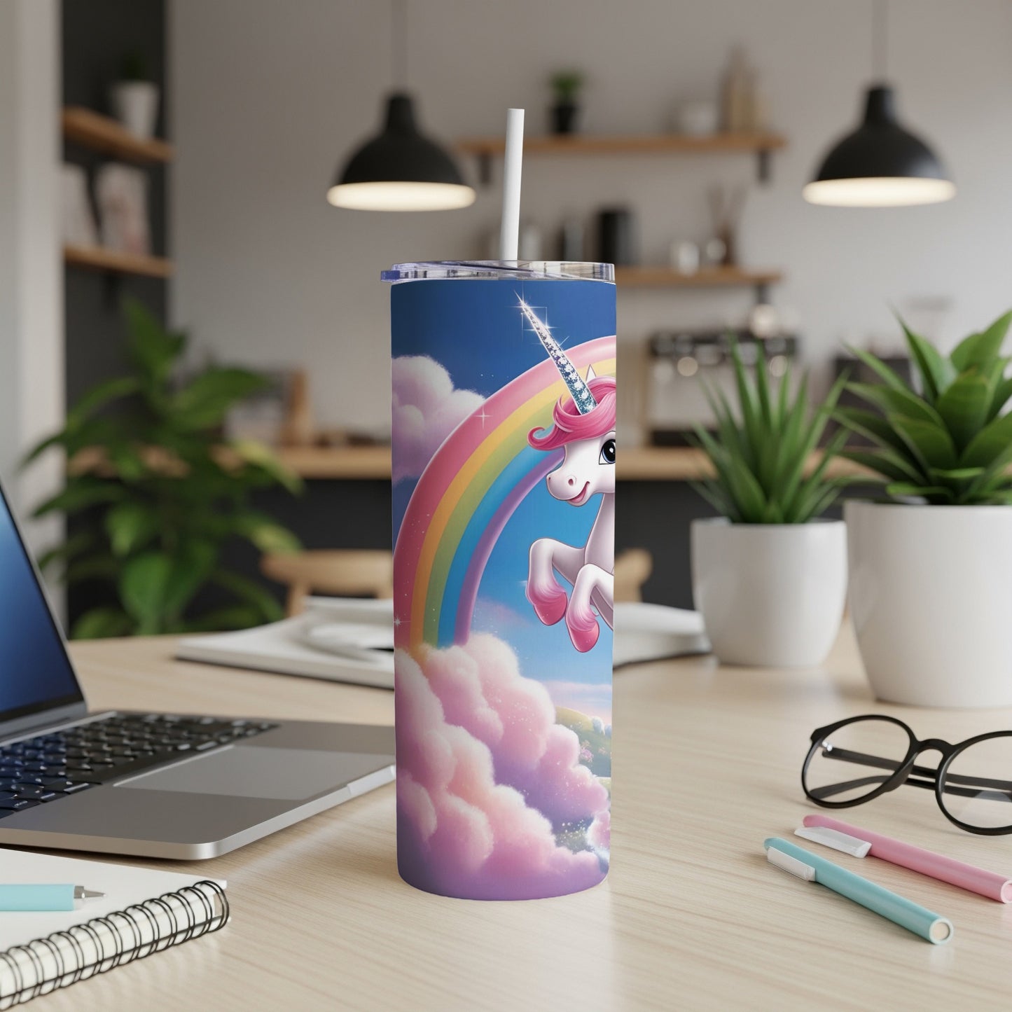 Unicorn on a rainbow with clouds on a blue background on a tumbler.