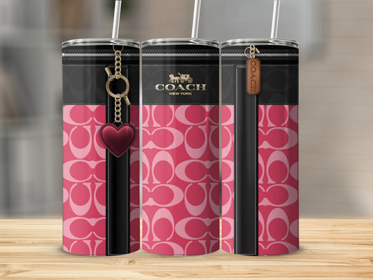 Pink and Black Designer Pattern Tumbler Flask with Heart Charm