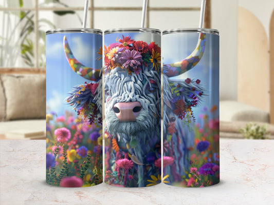 Highland cow with floral wreath on head surrounded by colorful flowers.