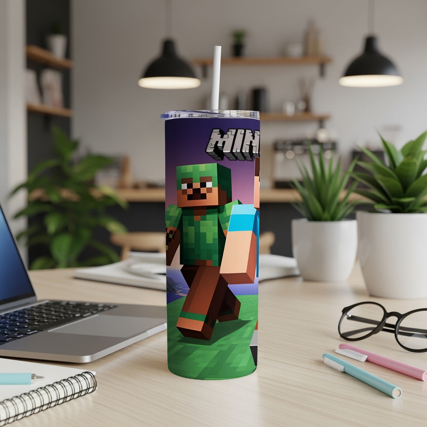 Minecraft tumbler with Steve character and green armor.