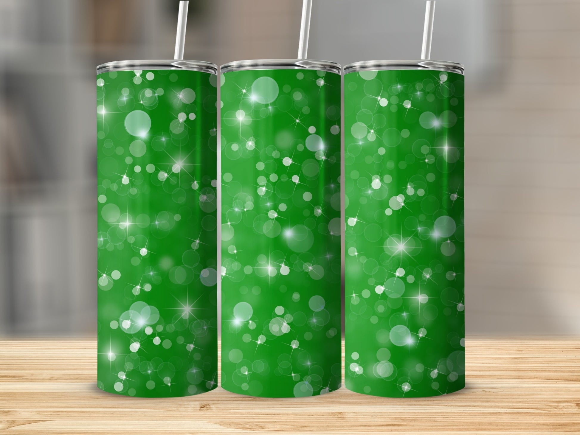 Sparkling Green Bokeh Design Tumbler with Straws