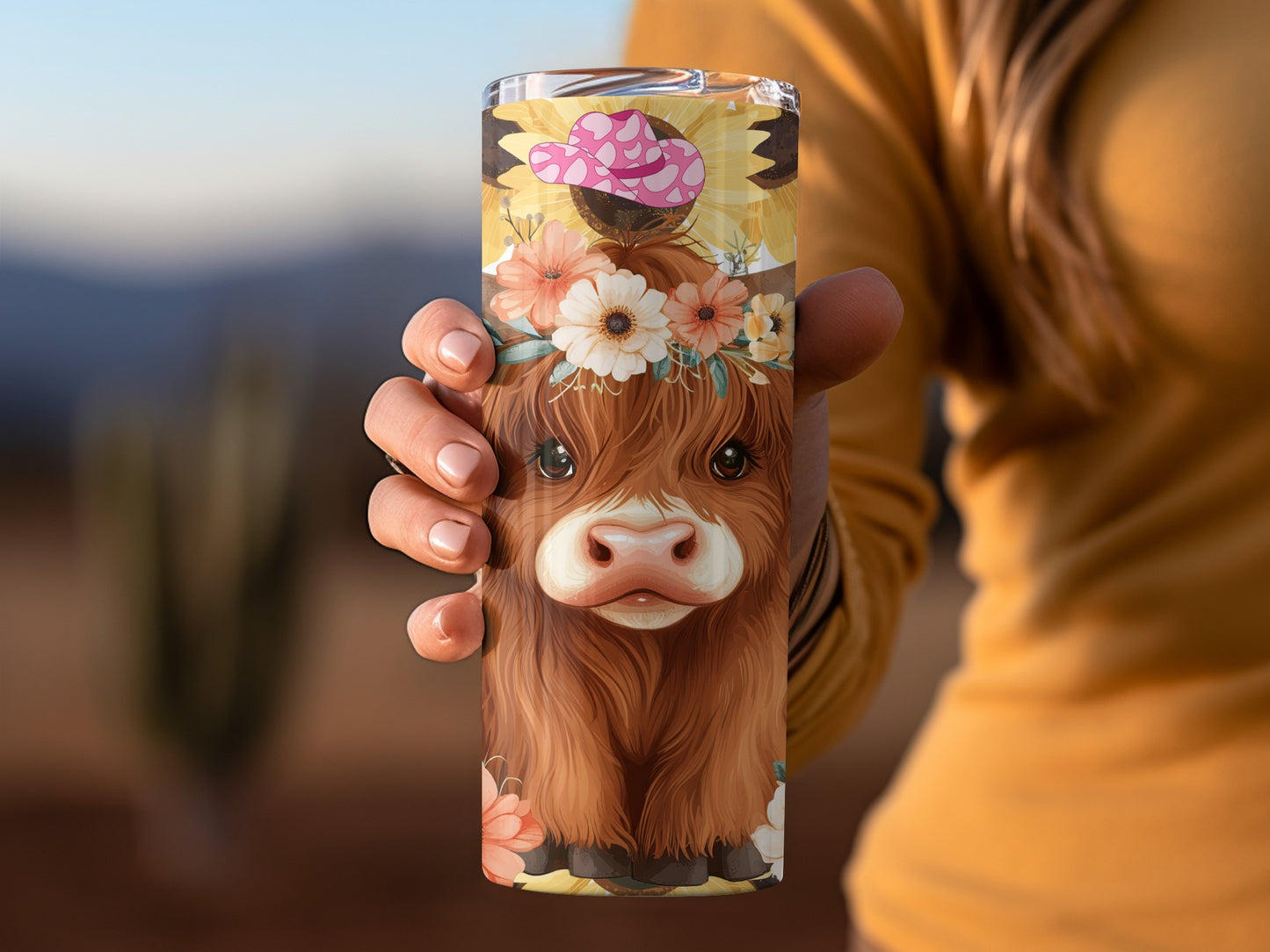 Cute Highland Cow with Flowers Tumbler Flask Mug