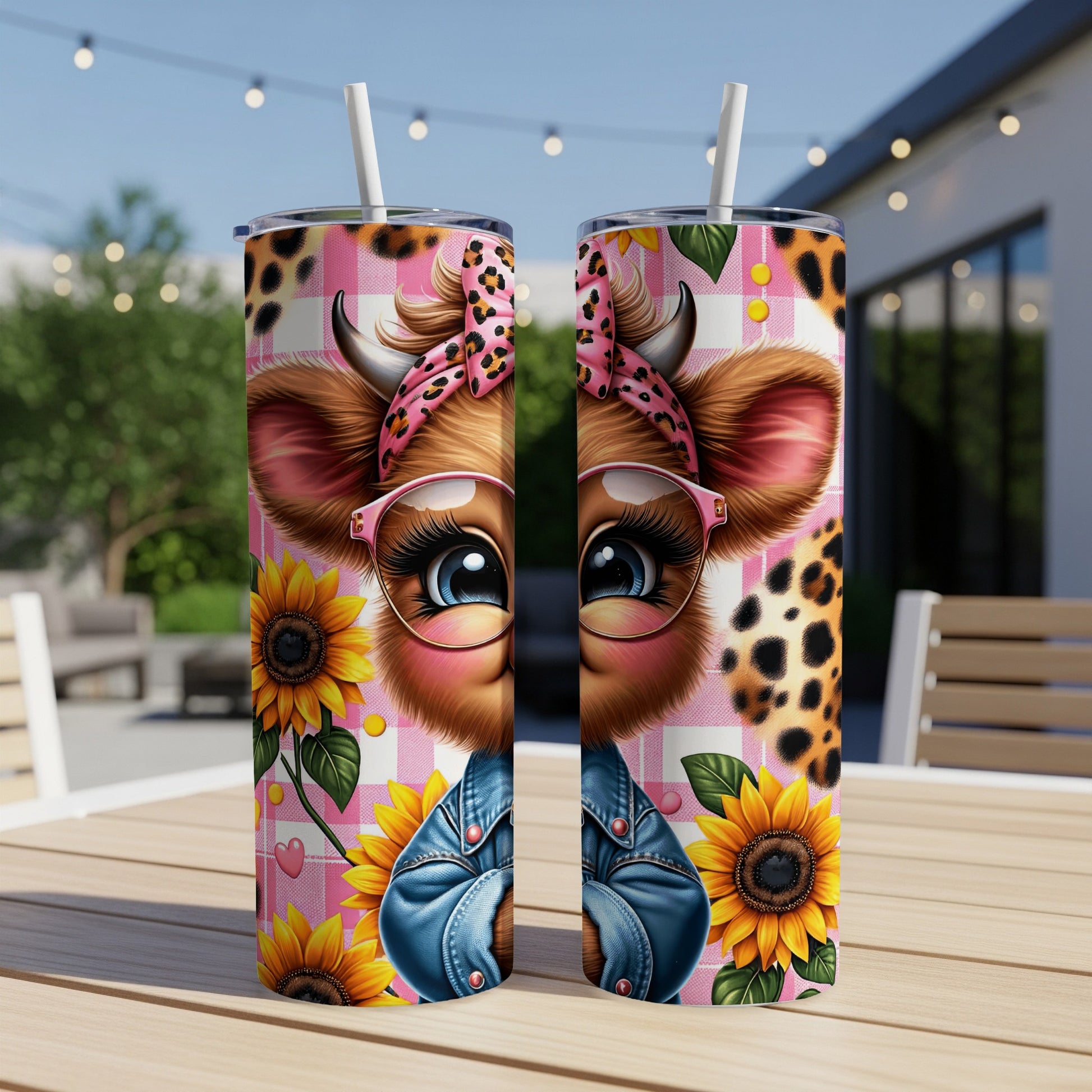 Cute cow graphic on two tumblers with sunflowers and plaid pattern.