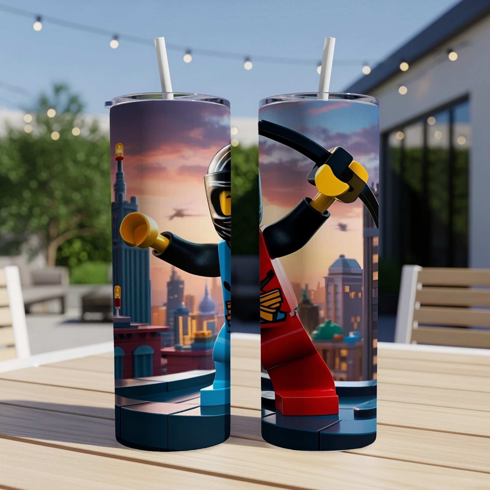 Two LEGO character tumblers with a city skyline backdrop.