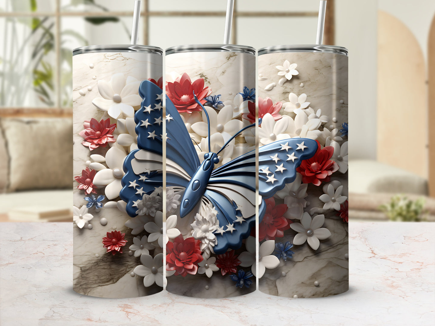 Tall tumbler with a blue butterfly and red and white flowers.