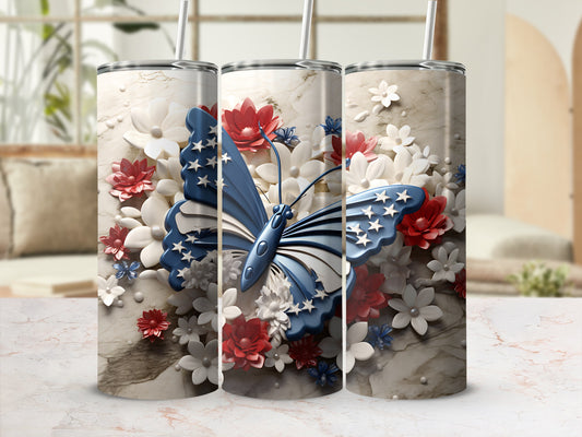 Tall tumbler with a blue butterfly and red and white flowers.