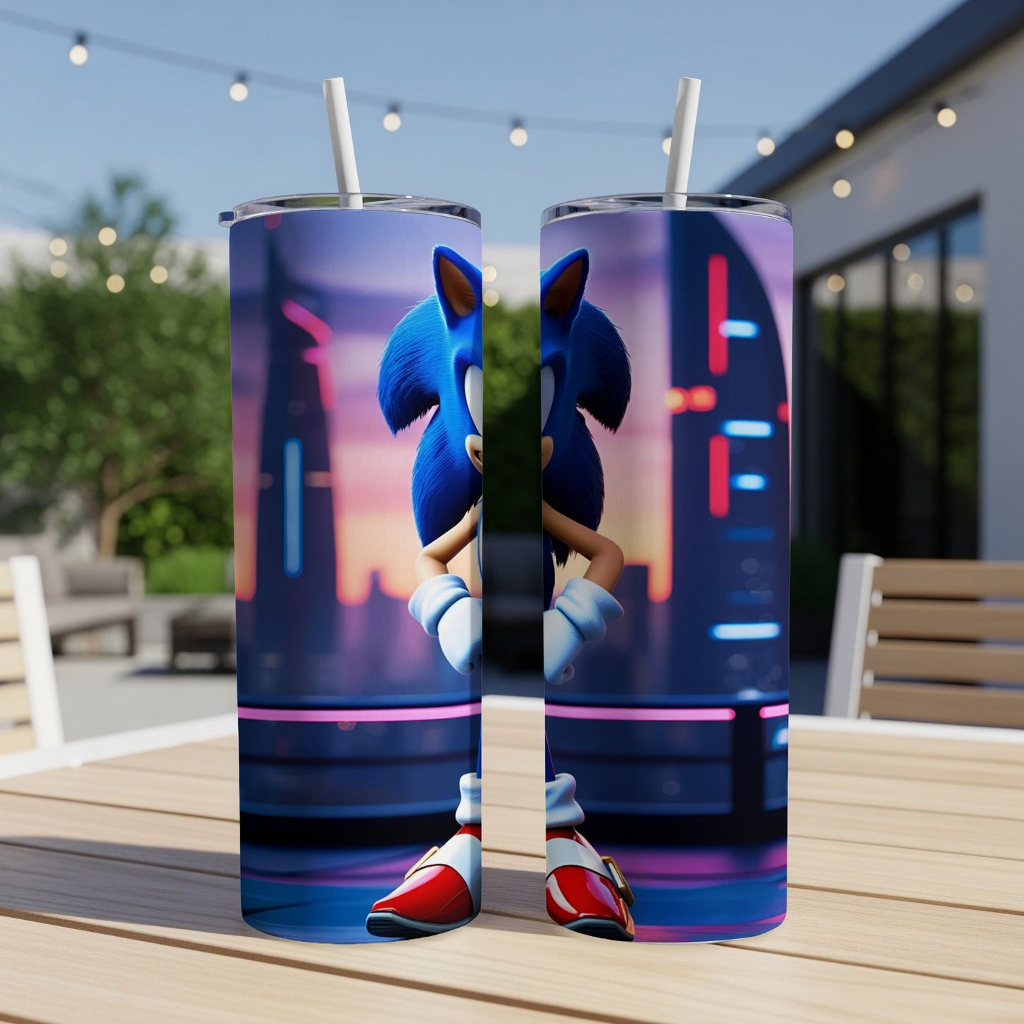 Sonic the Hedgehog character on two matching blue and white tumblers.