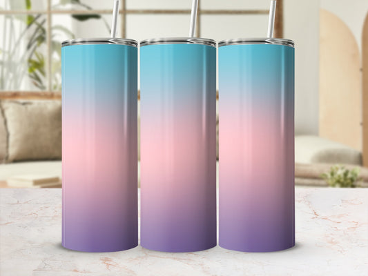Three tumblers with a pink, blue, and purple gradient on a marble surface.