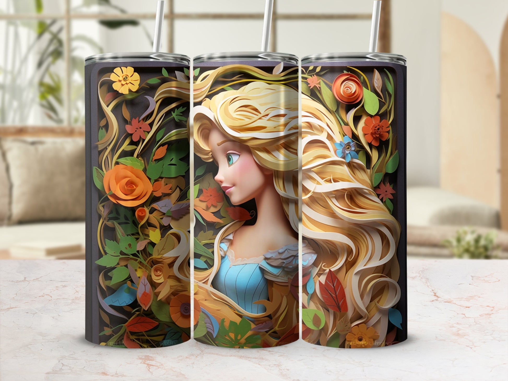 Enchanting Princess Floral Tumbler with Metal Straw