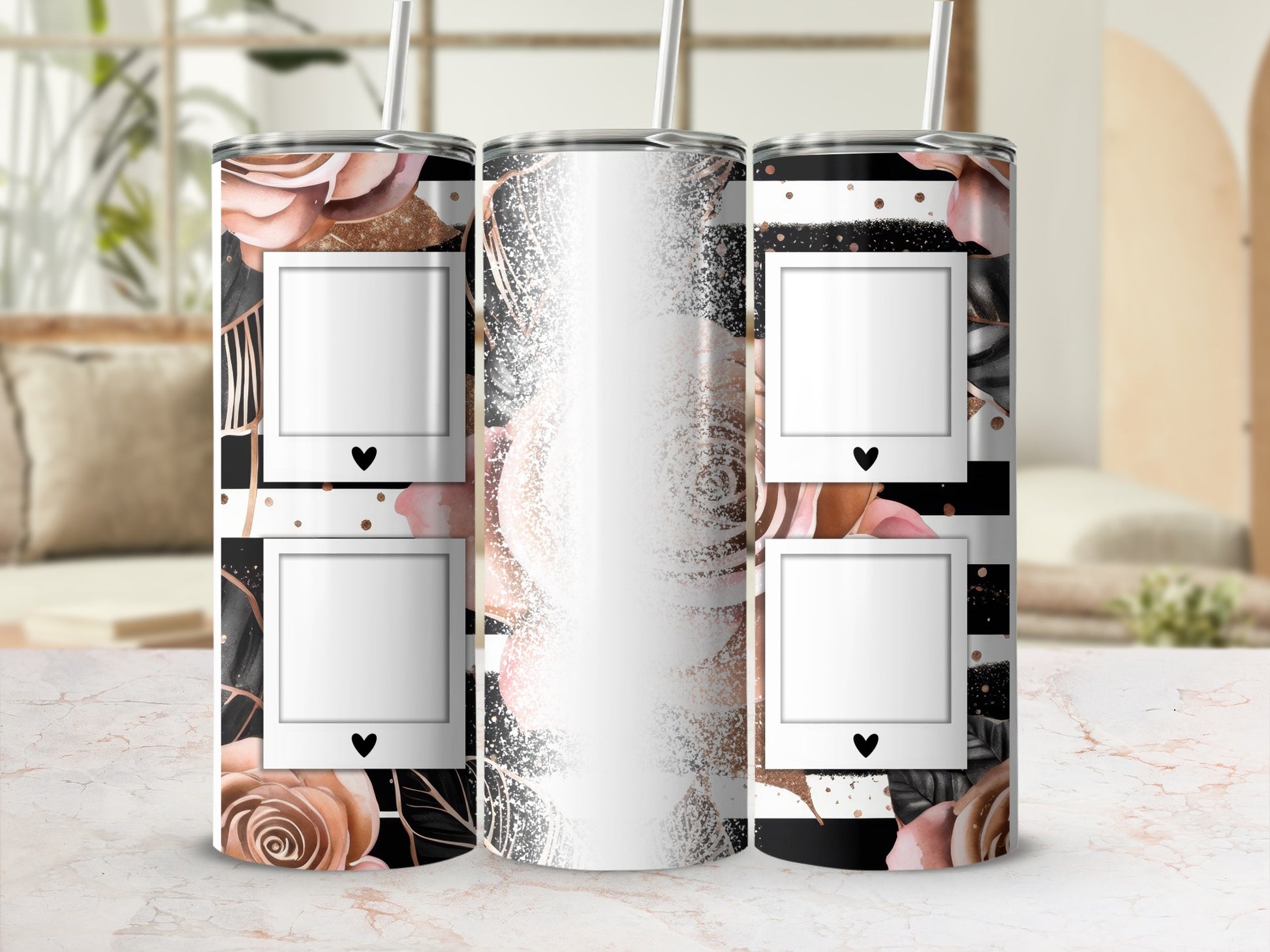 Floral and stripe tumbler with three photo frame placeholders.