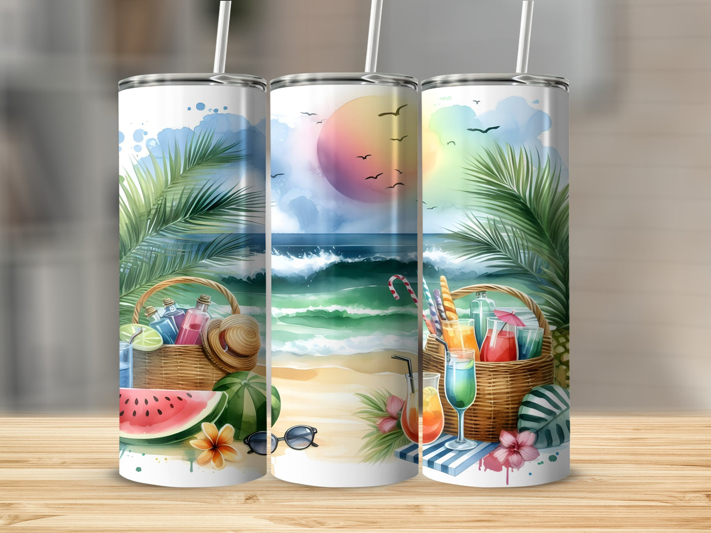 Three beach-themed tumblers with drinks, fruit, and sunglasses.