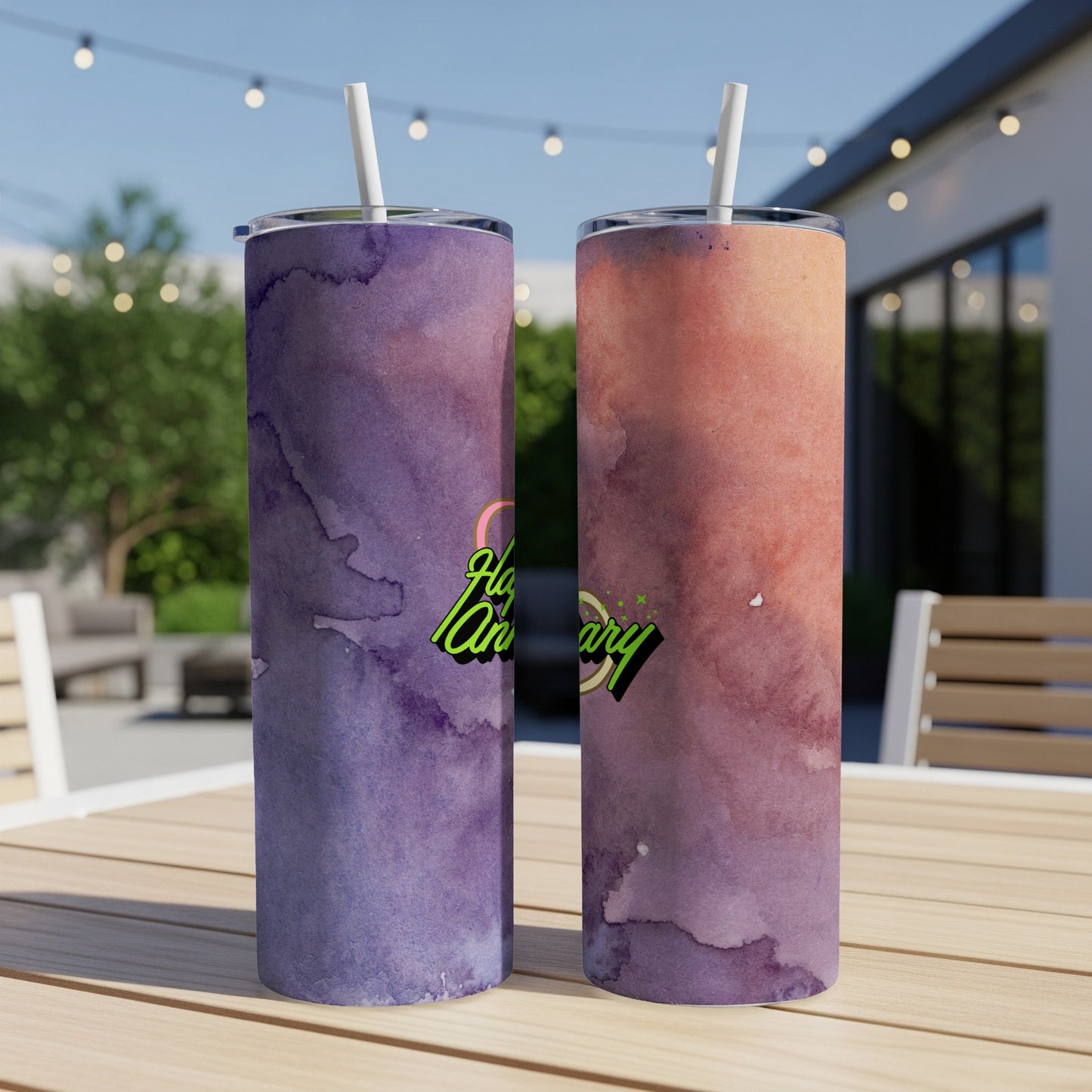 Two tumblers with watercolor design and "Happy Anniversary" text.