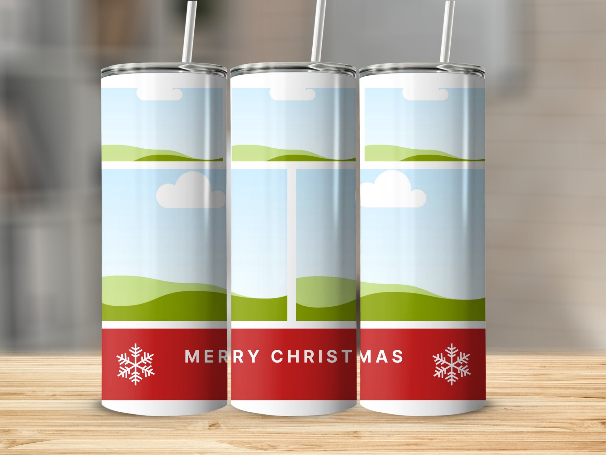 Three tumblers with landscape photo inserts and "Merry Christmas" text.