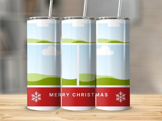 Three tumblers with landscape photo inserts and "Merry Christmas" text.