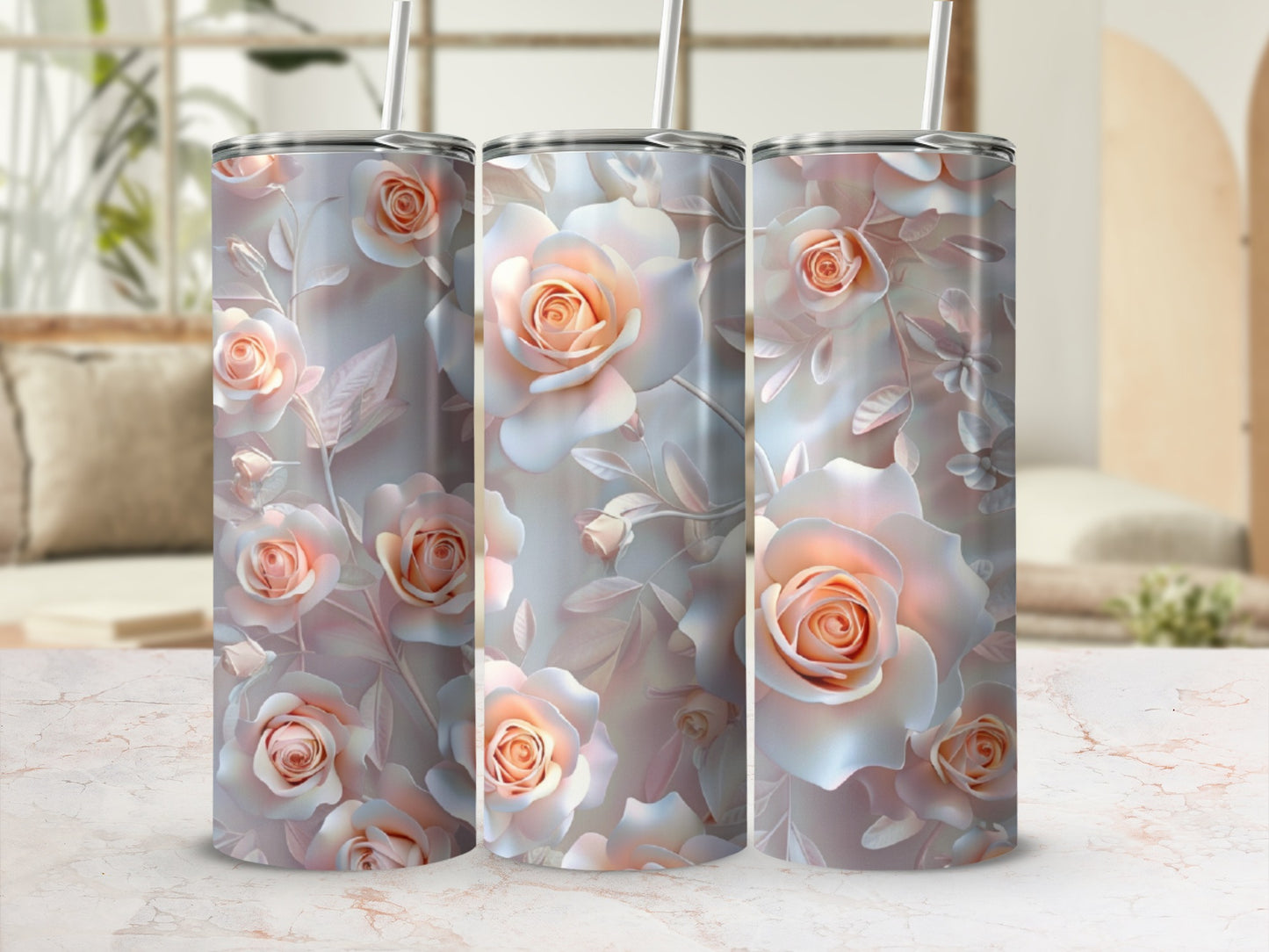 Three tumblers featuring pale pink and cream roses and leaves pattern.