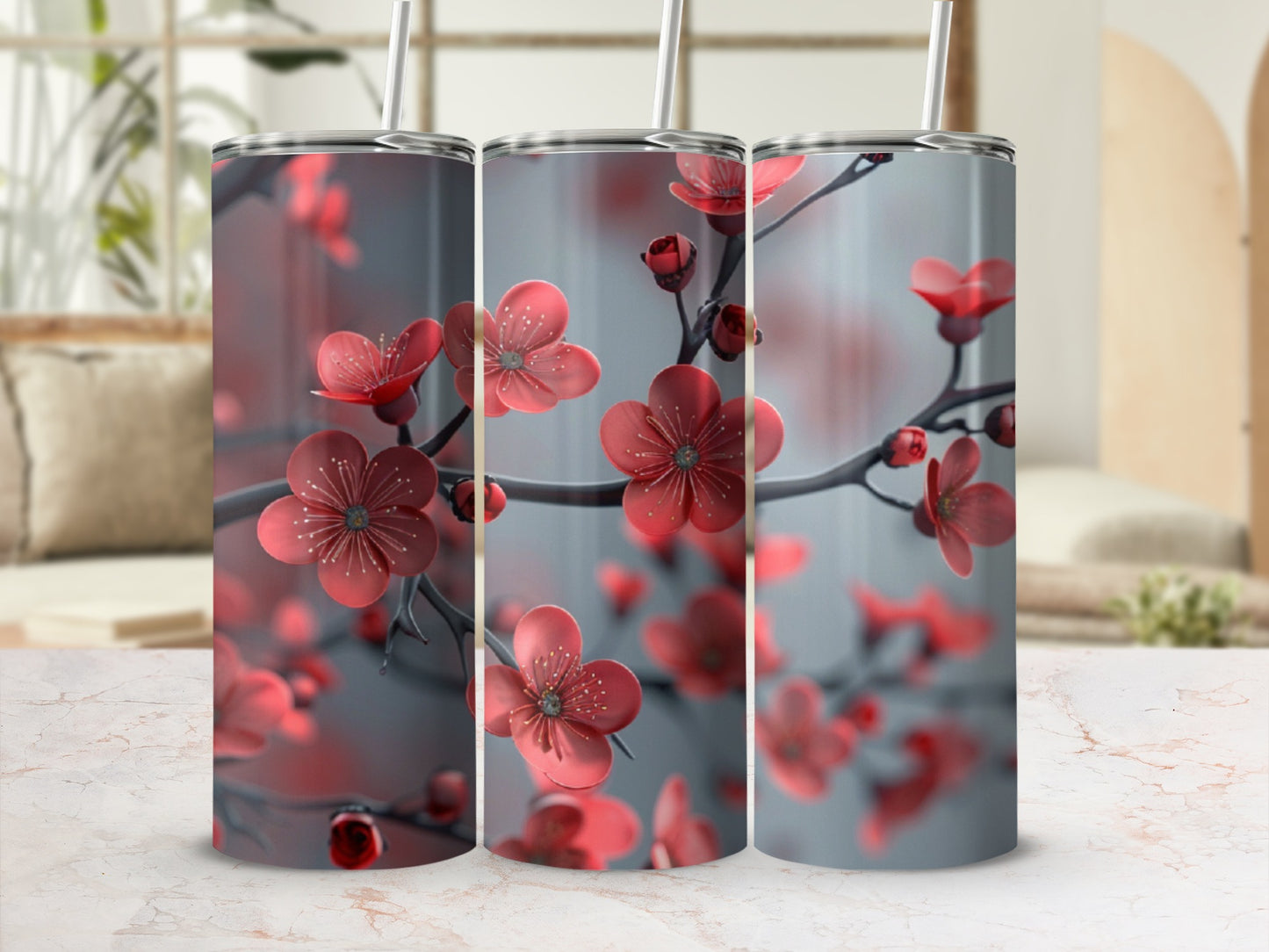 Three tumblers featuring red cherry blossoms on branches.