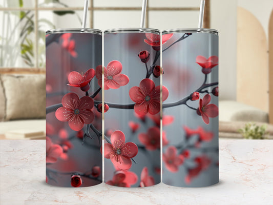 Three tumblers featuring red cherry blossoms on branches.