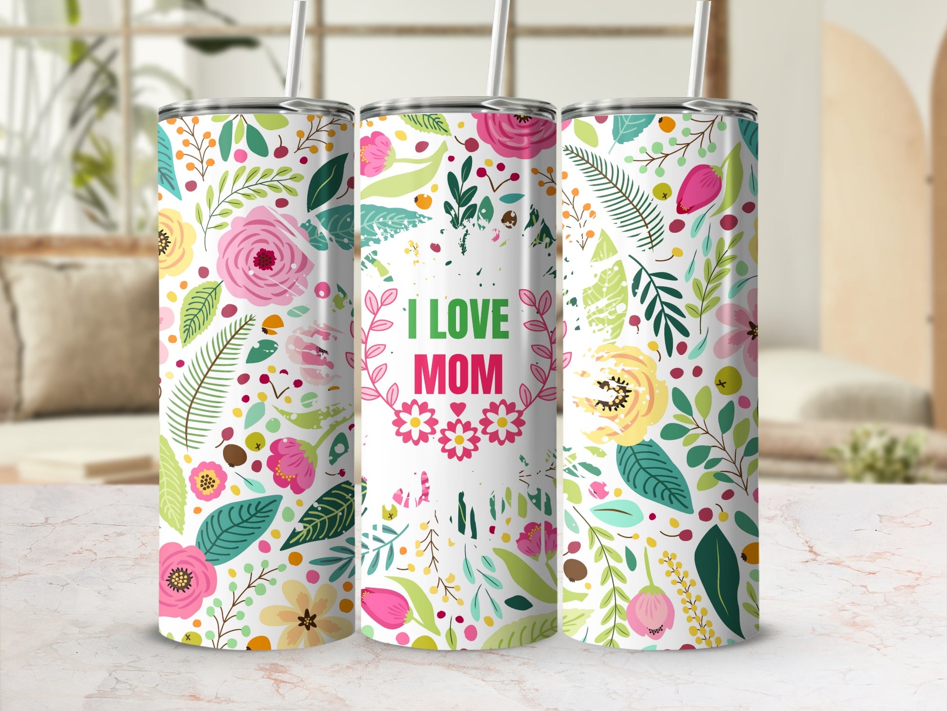 Vibrant Floral Design I Love Mom Tumbler Collection
